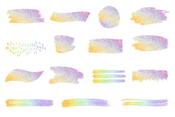 Set of brush strokes with multi colored glitter. Rainbow gradient paint strokes. Colorful rainbow backgrounds