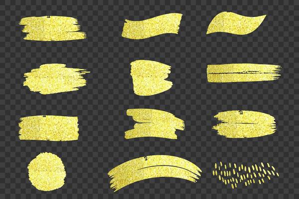 Set of hand drawn backgrounds and brush strokes with golden glitter. Golden brush strokes.