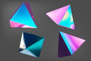 Set of 3d pyramids with holographic mirror effect. Gradient triangle. Fluid color. Neon shapes in gradient colors vector