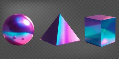 Set of 3d shapes with holographic effect. Gradient geometric shapes. Fluid color. Ball, cube, pyramid vector