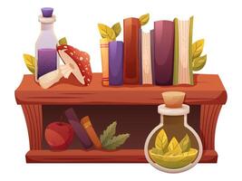 Shelf with books, potions and herbs. Items of wizard, witch. composition on white background vector