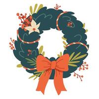 Christmas wreath of spruce branches with red bow. New Year decoration on white background. isolated element vector