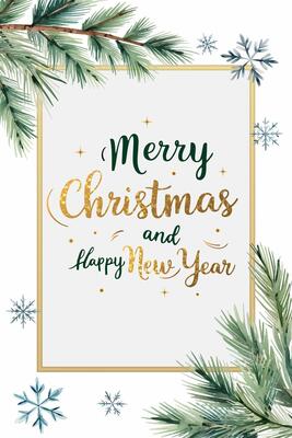 Watercolor frame with fir branches, snowflakes and golden lettering. Christmas card. Winter New year poster