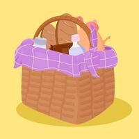 a basket with food and drinks in it vector