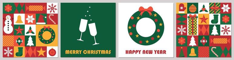 Modern mosaic pattern with Christmas icons. Abstract geometric greeting cards set for Merry Christmas and Happy New Year. illustration vector