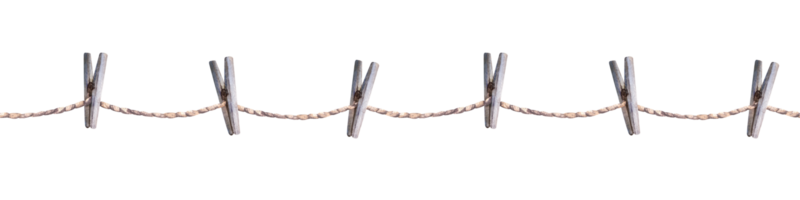 Wooden clothes pins on a rope. Seamless border pattern. Clothesline with pin and peg. Watercolor hand drawn illustration Horizontal banner for design with free space for text on isolated background png