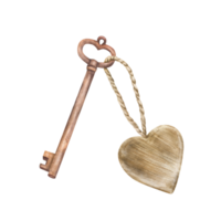 Vintage key with a heart Watercolor hand drawn illustration. Valentines Day keychain. Retro style key with wooden heart on a cord, rope. Romantic Love Clipart for gift card Isolated from background png