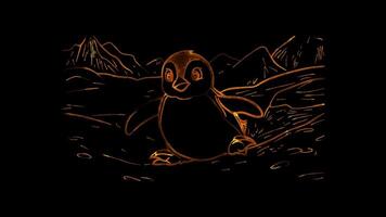 Neon frame effect, Playful Penguin Sliding on Ice on black background video
