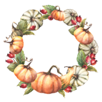 Pumpkins with dog rose rosehip berry and leaves wreath. Watercolor wild briar fruits Fall harvest circular frame isolated from background Autumn hand drawn illustration Thanksgiving day card template png