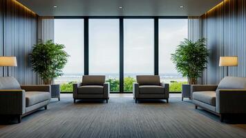 A modern, minimalist office waiting room with cozy armchairs, large windows offering a scenic view, and natural light, suitable for concepts like professionalism and tranquility video