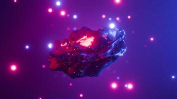 A glossy, abstract shape emitting radiant red and purple light, floating in space against a nebula background with glowing stars. 3d render. Seamless loop. video