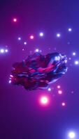 Vertical , A glossy, abstract shape emitting radiant red and purple light, floating in space against a nebula background with glowing stars. 3d render. Seamless loop. video
