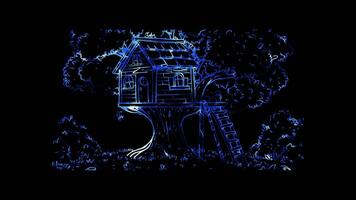 Neon frame effect, treehouse nestled high in a tree with a rope ladder and a small on black background video
