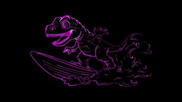 Neon frame effect, Dinosaur with a Surfboard on black background video
