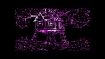 Neon frame effect, treehouse nestled high in a tree with a rope ladder and a small on black background video