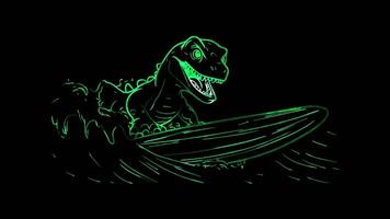 Neon frame effect, Dinosaur with a Surfboard on black background video