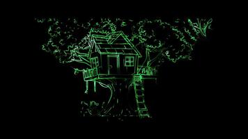 Neon frame effect, treehouse nestled high in a tree with a rope ladder and a small on black background video