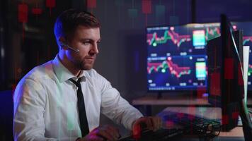 Trader investor broker analyzing indexes, financial chart trading online investment data on graph on pc screens. video