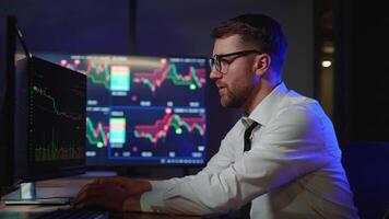 Tired trader take off glasses after a hard working day on cryptocurrency or stock market video