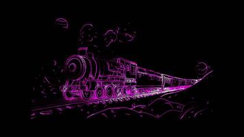 Neon frame effect, whimsical train traveling through space with planets on black background video