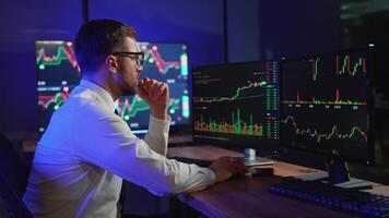 Crypto trader investor broker using pc with several screens to buy or sell cryptocurrency shares thinking of investment risks profit concept video