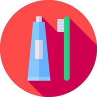 A toothbrush and tube of toothpaste are shown in a flat design vector