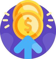 A dollar sign and a coin are on top of a blue arrow vector