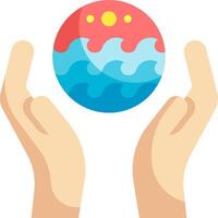 Two hands holding a globe with waves and a blue sky vector