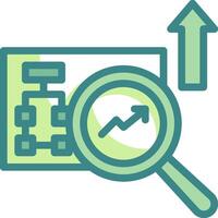 A magnifying glass is pointing up and a green arrow is pointing down vector
