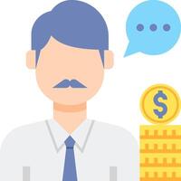 A man with a mustache and a speech bubble next to stacks of money vector