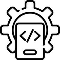A black and white icon of a computer with gears vector