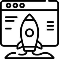 A black and white illustration of a rocket on a computer screen vector