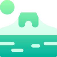 A flat icon of a mountain with a sun behind it vector