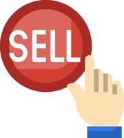 A hand holding a sell button on a white background vector