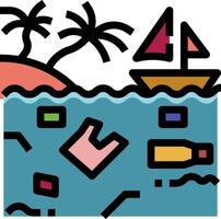 A cartoon image of a boat and a beach with trash vector