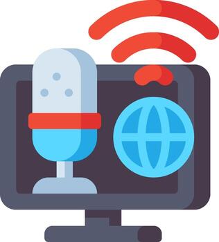 A microphone and a globe are on a monitor vector