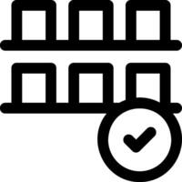 A black and white icon of a shelf with a check mark vector