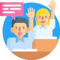 Two people in front of a classroom with their hands up vector