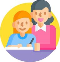 A woman and child are sitting at a table with a pen vector
