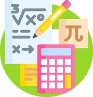 A calculator, paper and pencil are on a green background vector