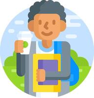 A man with a backpack holding a coffee and a book vector