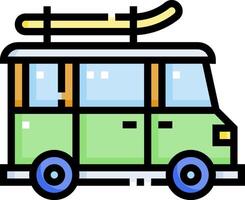 A green van with a surfboard on top vector