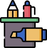 A drawing table with pencils and a pen vector
