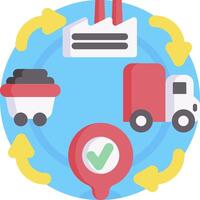 A circle with a truck, a forklift, and a fork vector