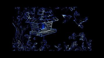 Neon frame effect, Birdhouse in a Tree on black background video