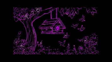 Neon frame effect, Birdhouse in a Tree on black background video
