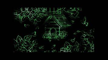 Neon frame effect, Birdhouse in a Tree on black background video
