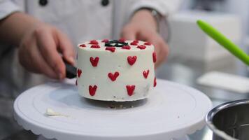Using a palette knife, decorate a bento cake with a flower made of cream. Selective focus. video