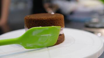 Using a palette knife, decorate a bento cake with a flower made of cream. Selective focus. video