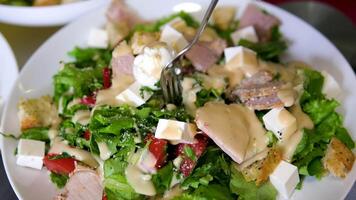 Caesar salad pick up salad with cheese pieces using a fork video